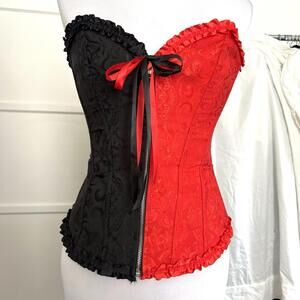 Red Black Split Corset Top Medium Gothic Punk Bustier Front Zip Ruffle Harley